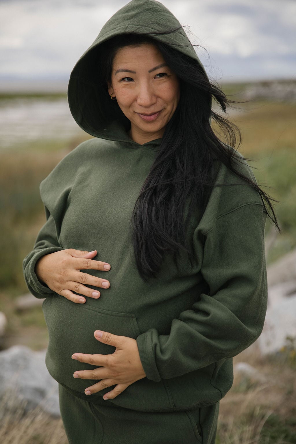 Merino Hoodie | Model is wearing size Large, 8mths pregnant