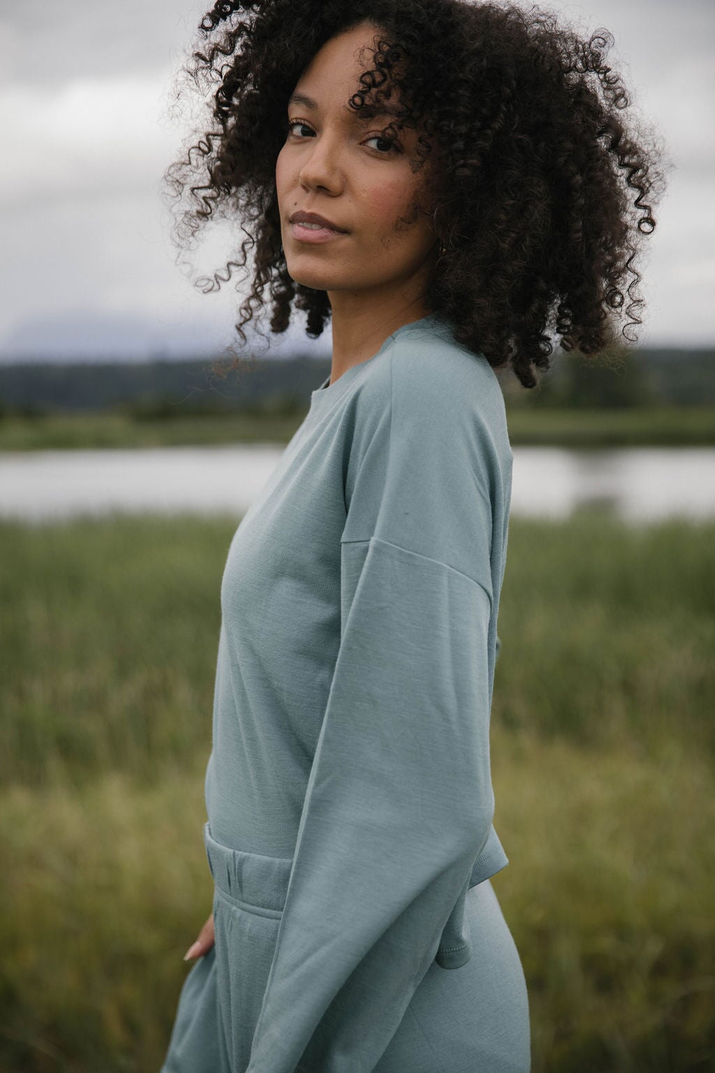 Merino Flowy Top | Model wearing size Small, height 5.9"