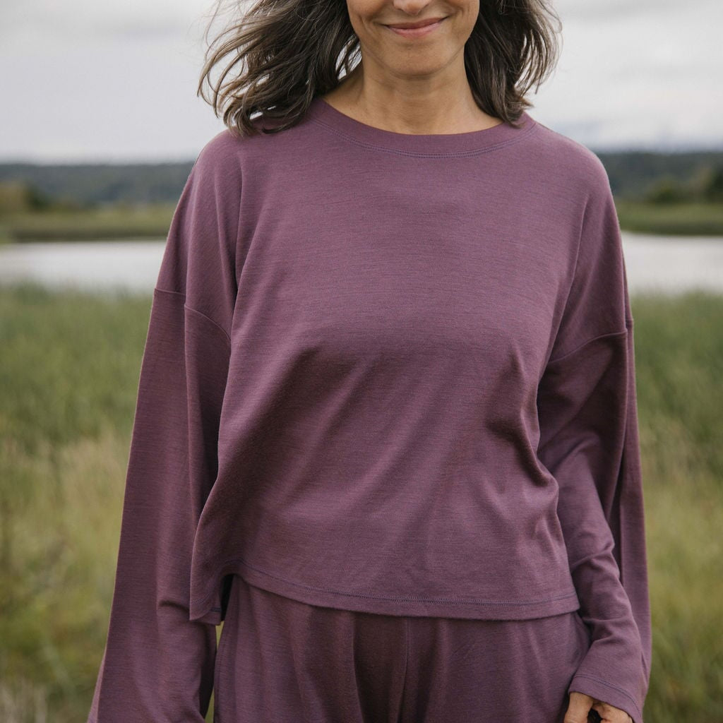 Merino Flowy Top | Model wearing size Medium, height 5.9"