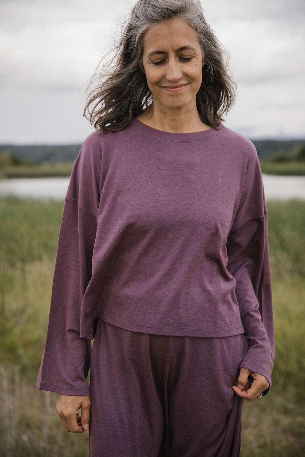 Merino Flowy Top | Model wearing size Medium, height 5.9"