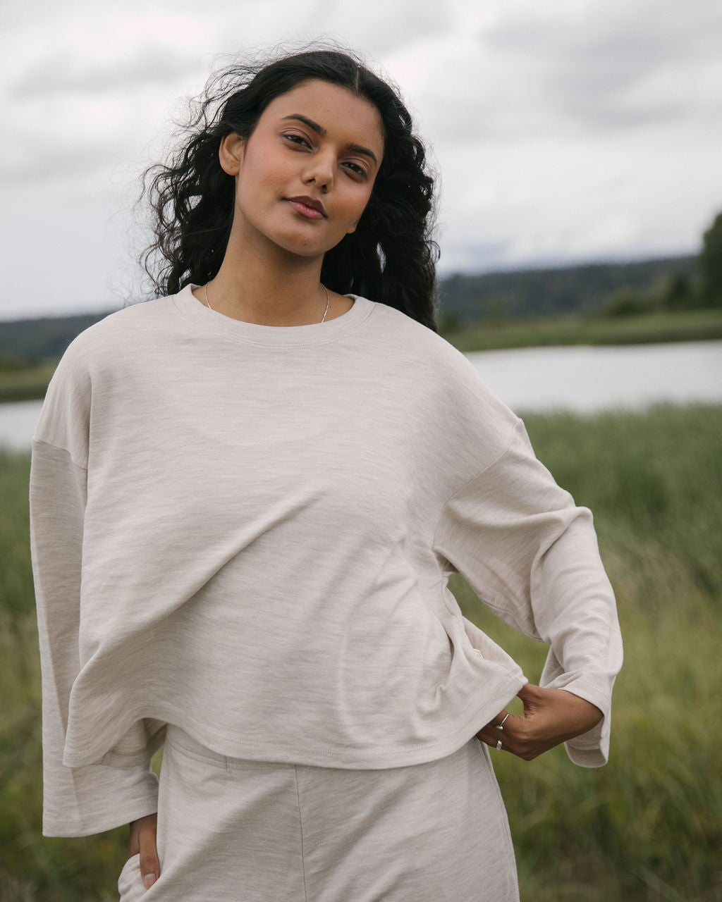 Merino Flowy Top | Model wearing size XSmall, height 5.4"
