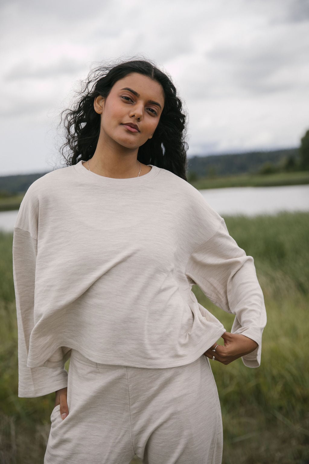 Merino Flowy Top | Model wearing size XSmall, height 5.4"