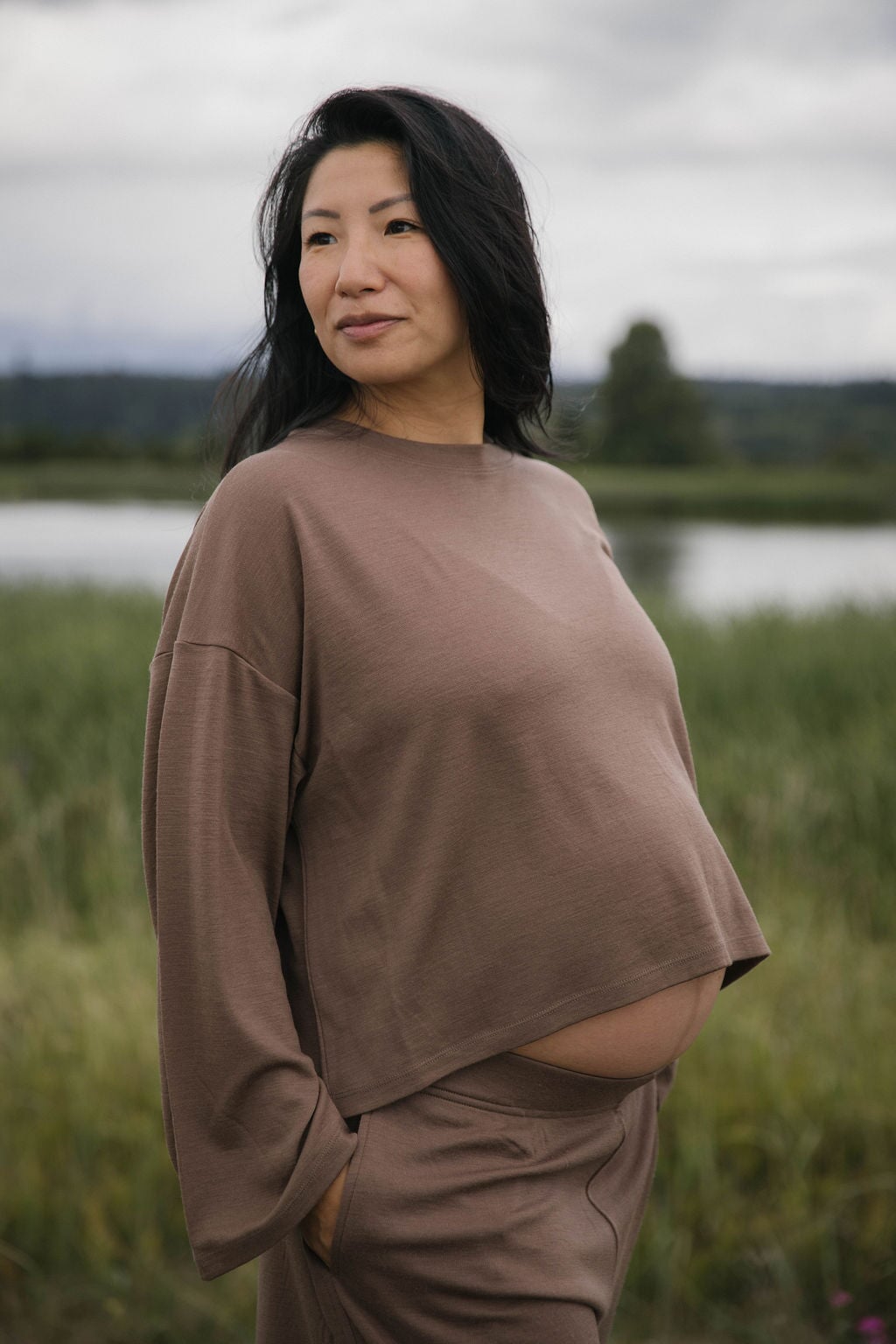 Merino Flowy Top | Model wearing size Large, 8mths pregnant