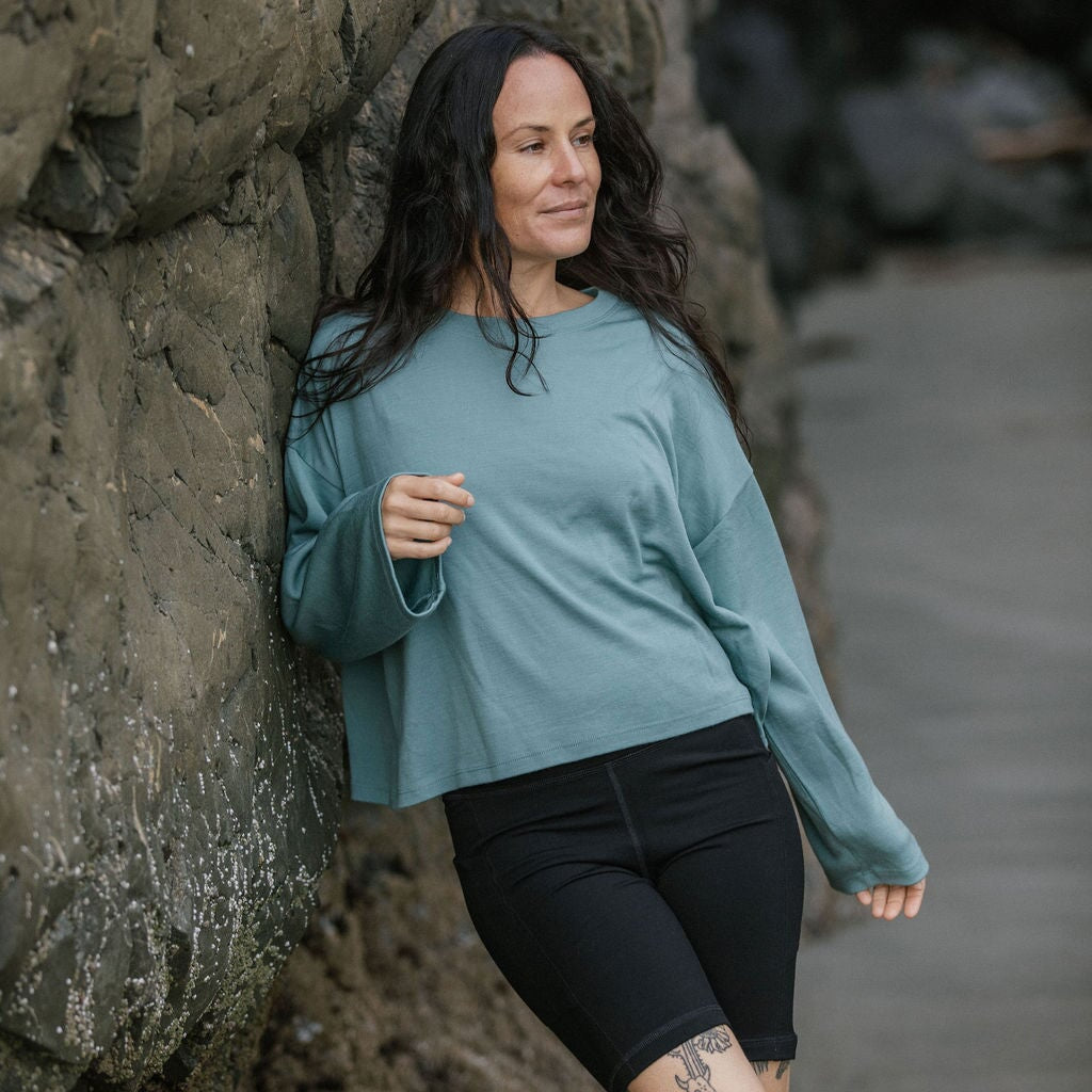 Merino Flowy Top | Model wearing size Small, height 5.4"