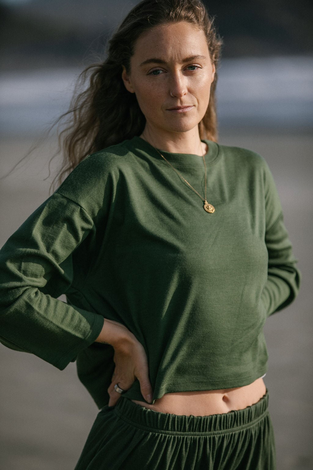 Merino Flowy Top | Model wearing size Small, height 5.7"