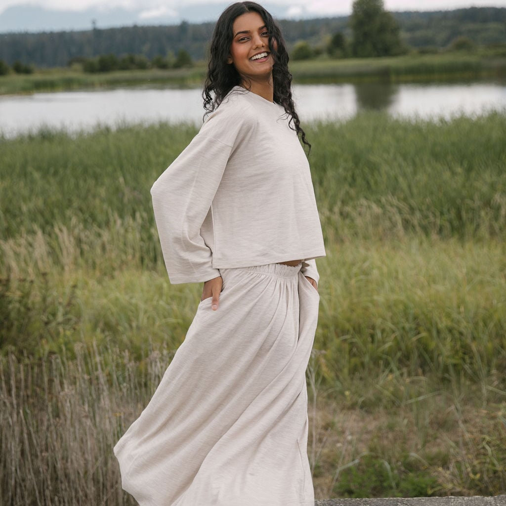 Merino Maxi Skirt | Model is wearing size Medium(to be worn low), height 5.4"