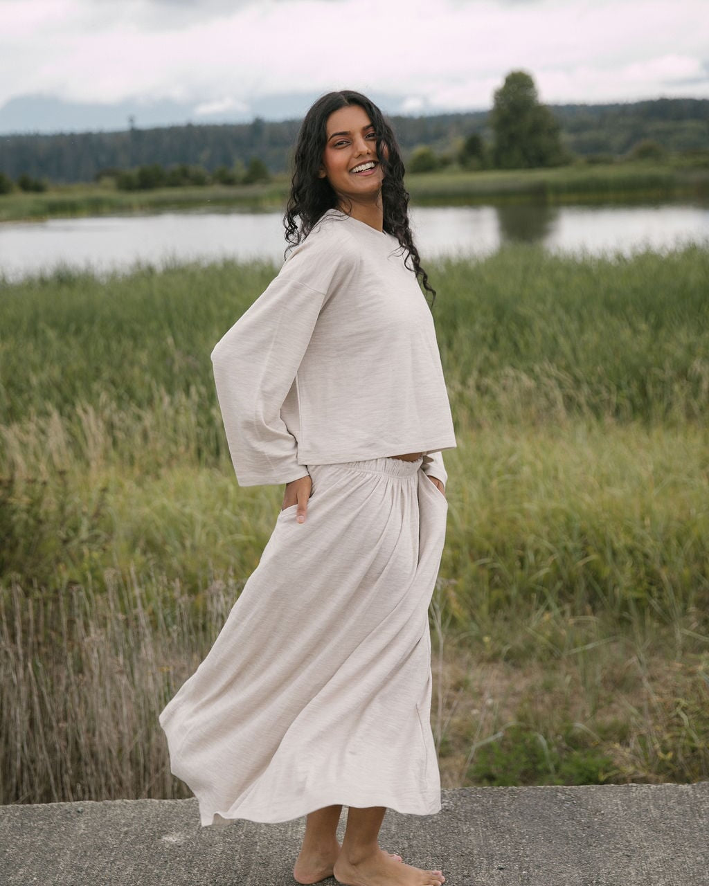 Merino Maxi Skirt | Model is wearing size Medium(to be worn low), height 5.4"