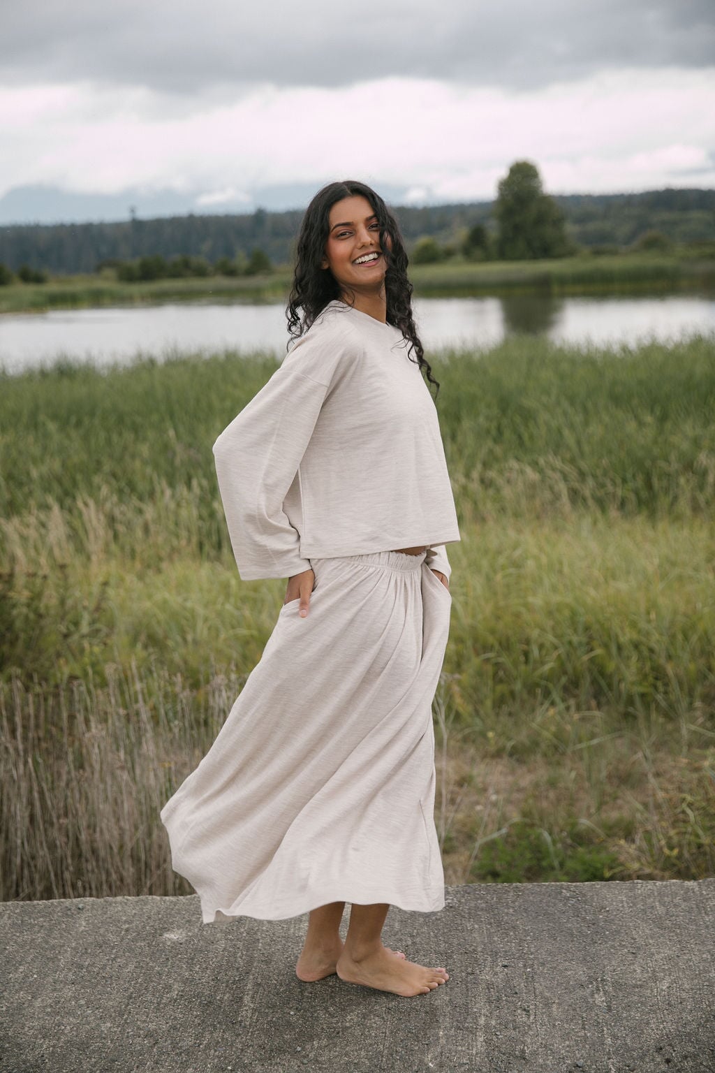 Merino Maxi Skirt | Model is wearing size Medium(to be worn low), height 5.4"